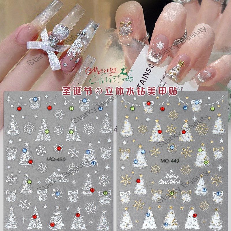 Christmas Tree with Colored Diamond Nail Stickers, Embossed Snowflake Decorative Nail Stickers