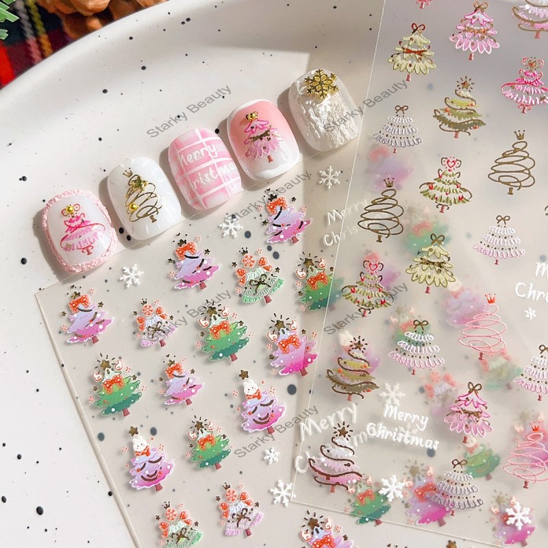 Christmas Tree Nail Stickers with Exquisite Lines, Sweet and Adhesive Nail Decorations