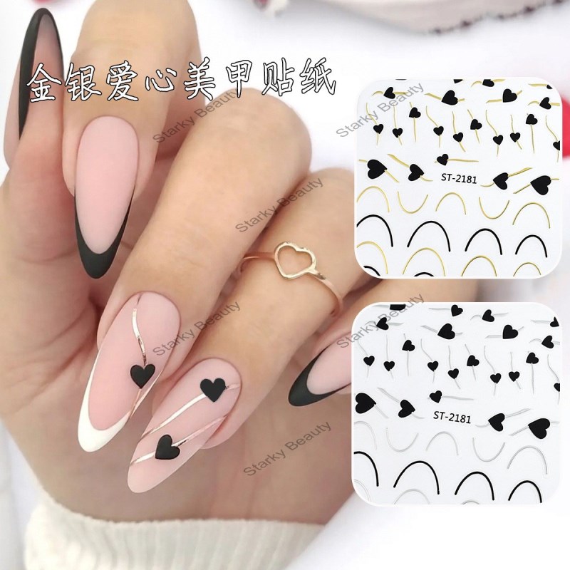 Nail Stickers Love Line French Black Gold Silver Hollow Love Crescent Smile Stickers