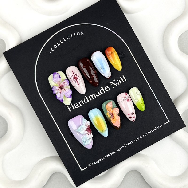 Press on Nails Hand Drawn 3D Nail Art Design Ballet Almond False Nails Handmade Manicure Set