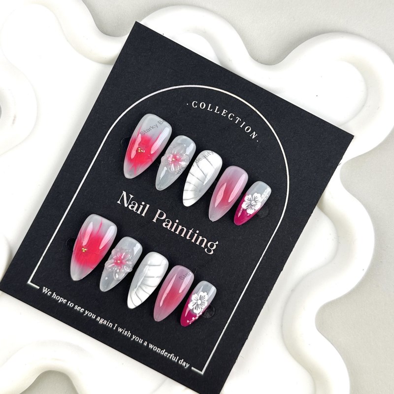 French Style 3D Almond Flower Acrylic Fingernails 10pcs Handmade Designer Press Nails