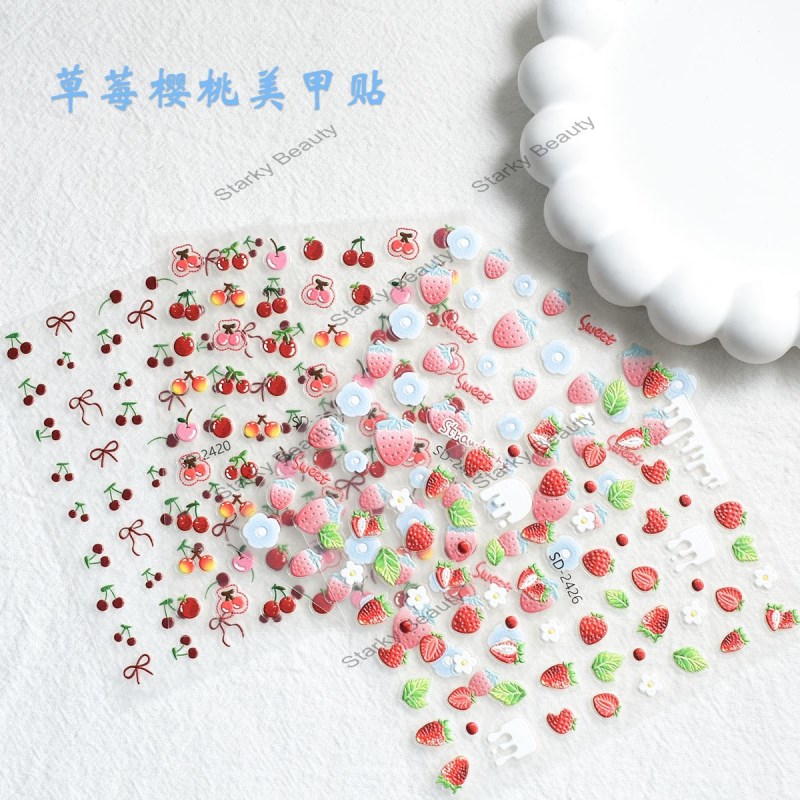 Colorful Strawberry Cherry Relief 3D Nail Stickers for Girls