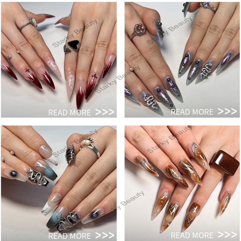 Dark Punk Style Wearing Armor Serpentine Dot Diamond Nail Art Ultra Long Nail Flakes Wholesale