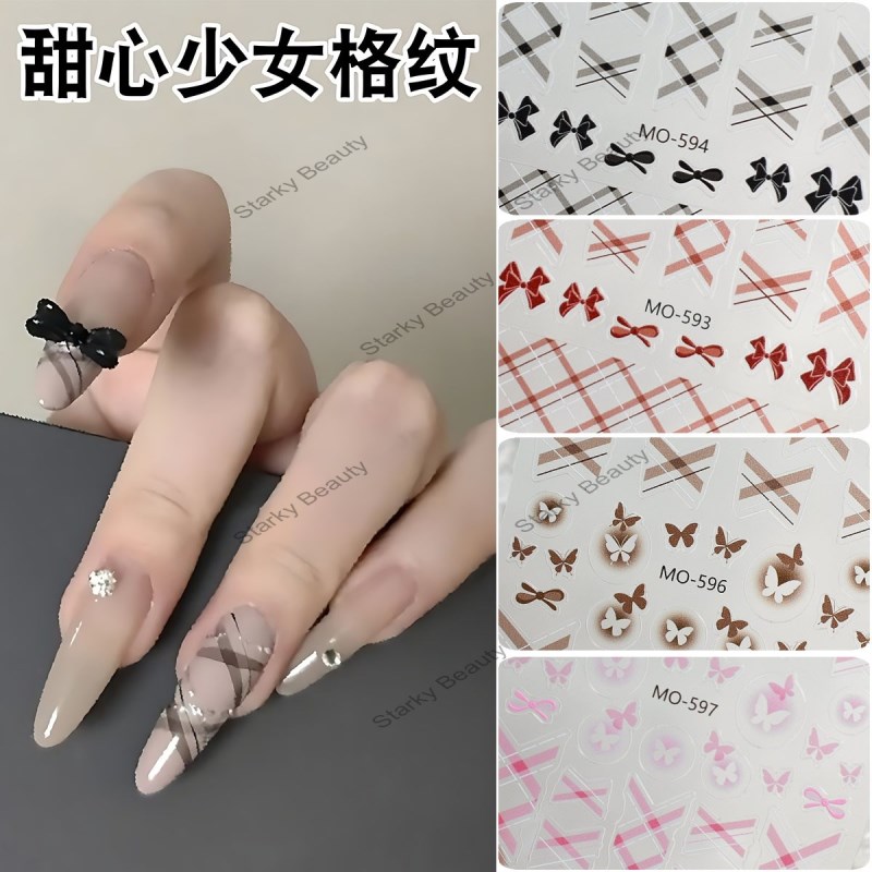 Sweetheart Girl Grid Red Pink Black Grid Bow Nail Stickers