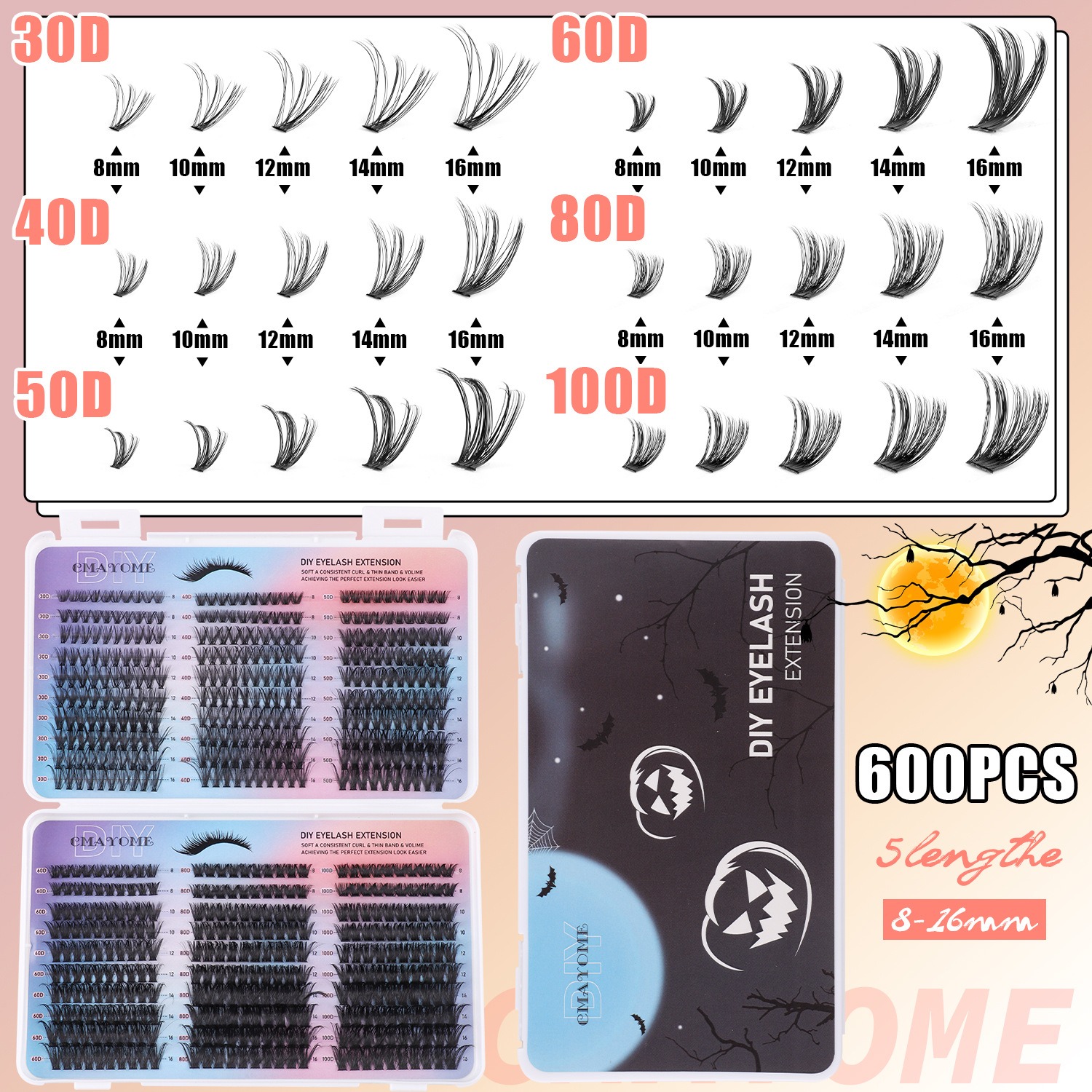 600 clusters of false eyelashes 8-16mm, single cluster 60d+80d+100d, with eyelash adhesive set