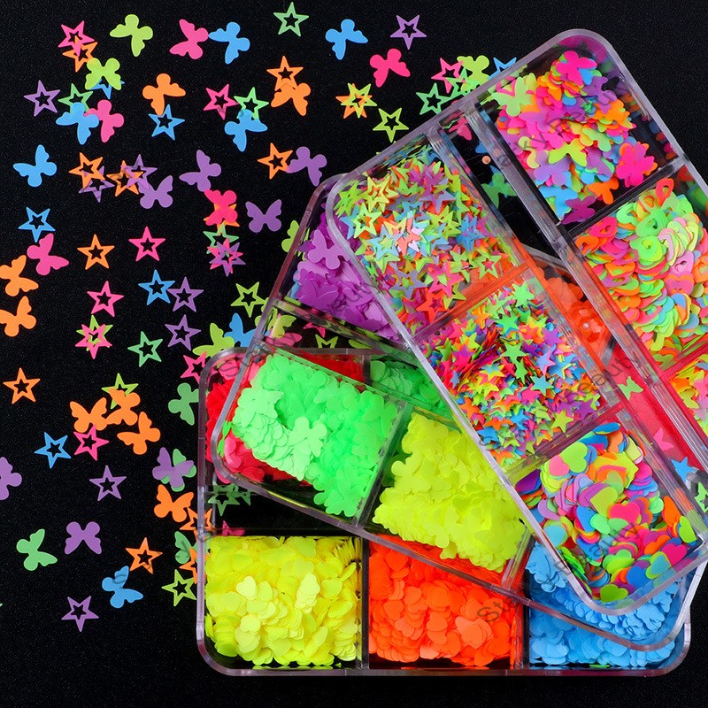 6 Grid Boxed Fluorescent Love Butterfly Flowers Nail Art Sequins