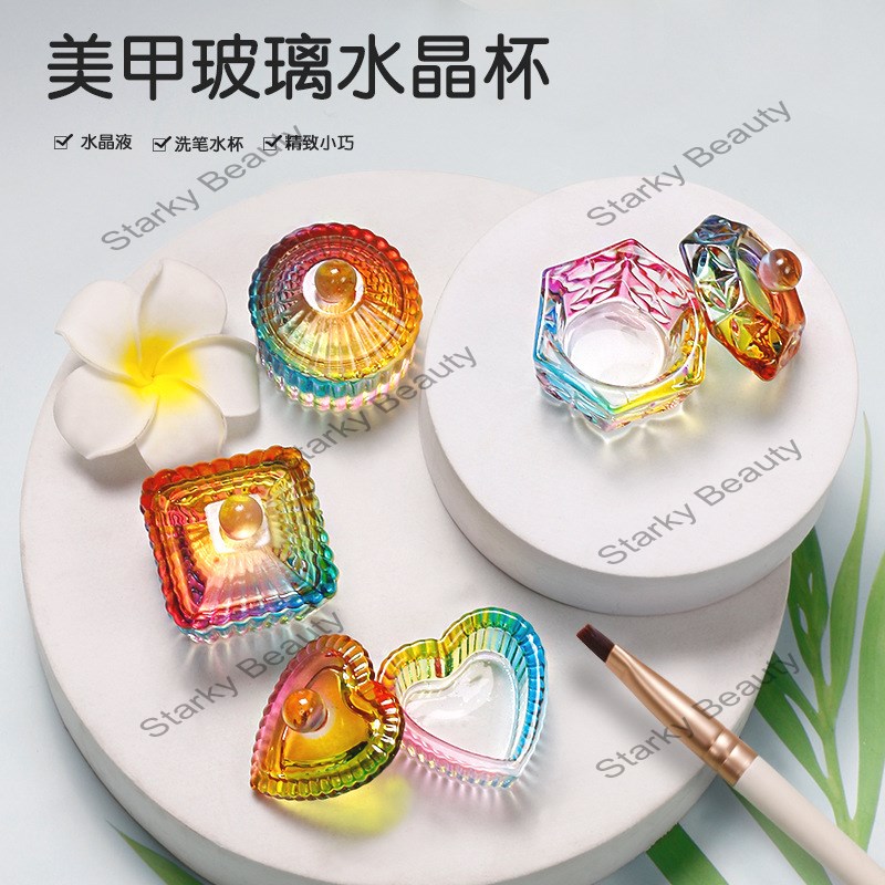 -New color plating crystal cup nail art with cover glass crystal cup