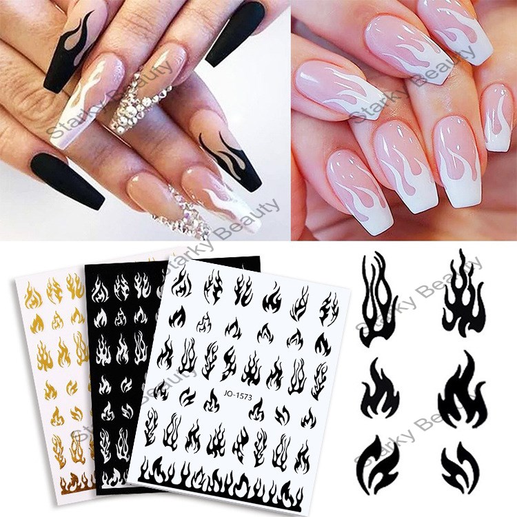 adhesive 3D fluorescent hot black and white gold and silver flame decals nail stickers