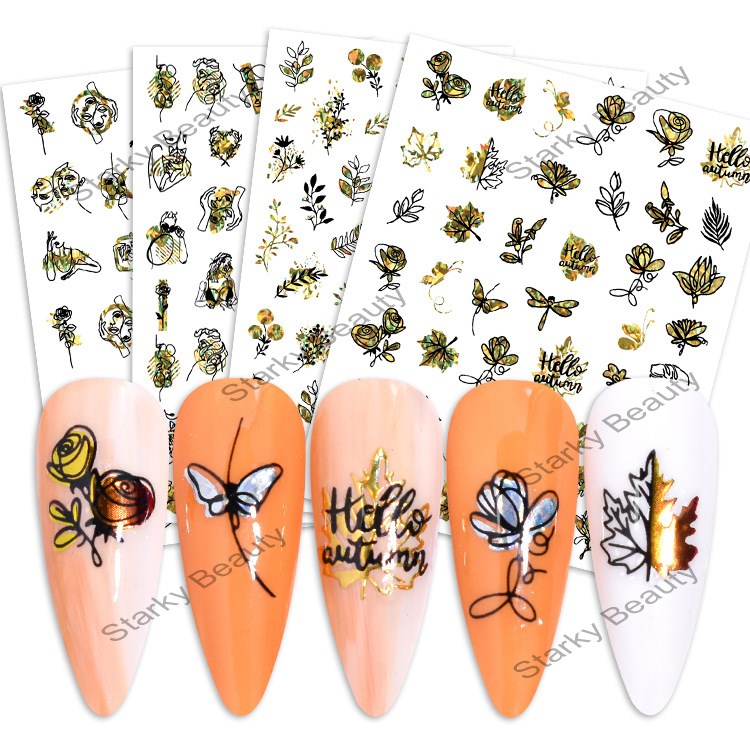 Laser Gold Abstract Black White Mask Maple Leaf Butterfly Laser Silver Nail Sticker