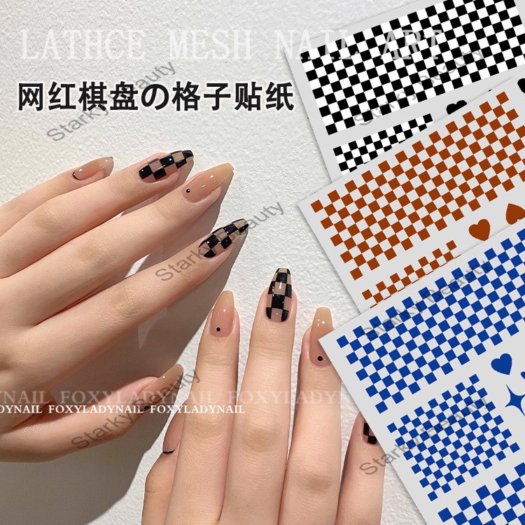 Black and White Checkerboard Nail Sticker Grid Pattern Cute Adhesive Nail Sticker