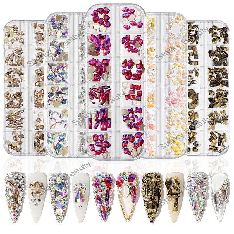 Nail art jewelry diamond wholesale 12 grid set box mixed ab shaped flat bottom rhinestones