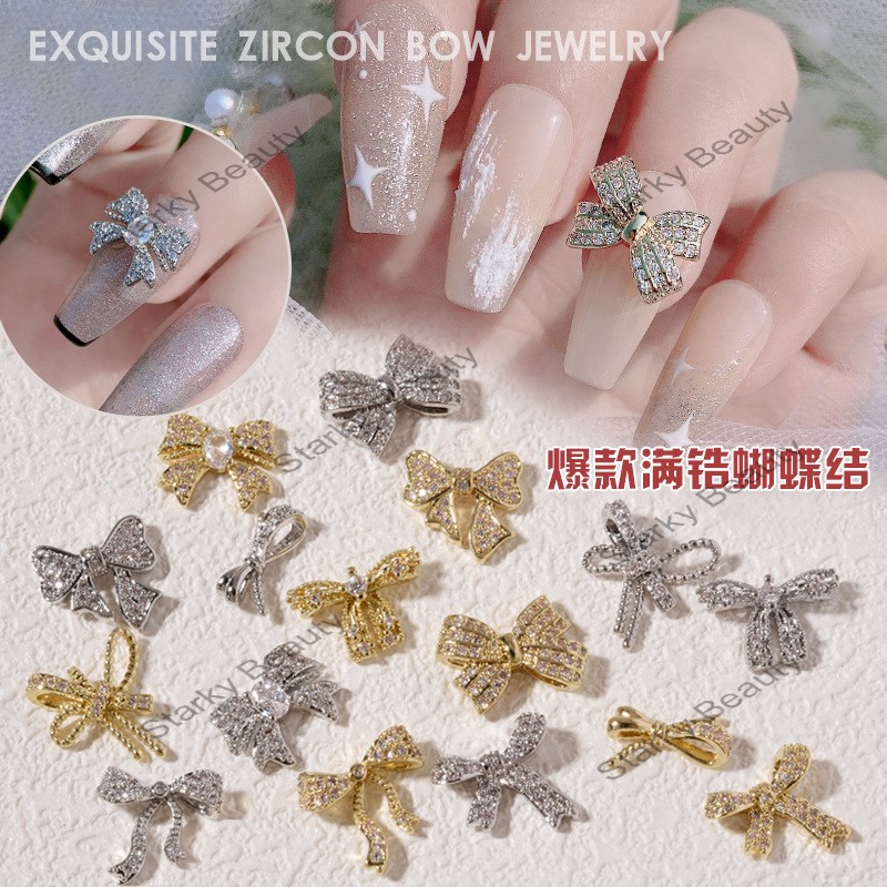 Nail Art Bow Zircon Jewelry Plated Real Gold Ribbon Nail Decoration Gold and Silver Bow Jewelry