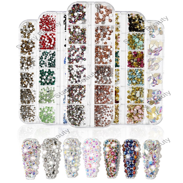 Nail Art Accessories 12 Grids Mixed Flat Diamond AB Transparent Nail Rhinestone