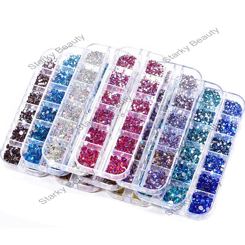 New glass flat-bottomed rhinestones 12 grid set AB color DIY nail art mobile phone case mixed