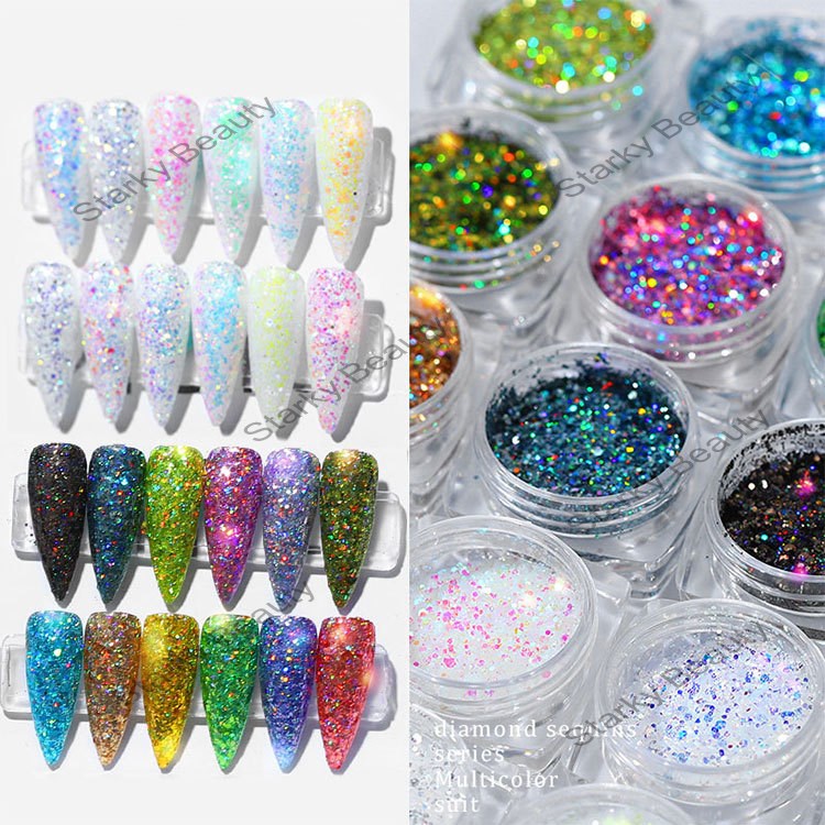 Multicolors Flashing  Crystal Diamond Sequins Nail Powder Set