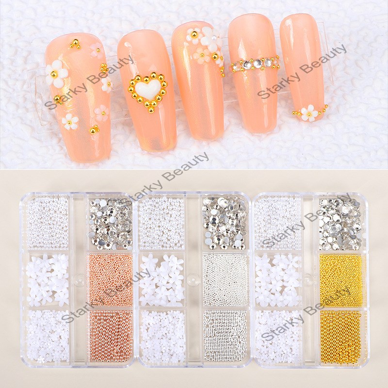 Five-petaled flower pearl small flower steel ball mixed style Boxed Nail Art Accessories