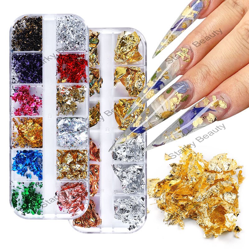 12 Color Boxed Gold and Silver Color Foil Stickers Foil Broken Nail Art Accessories