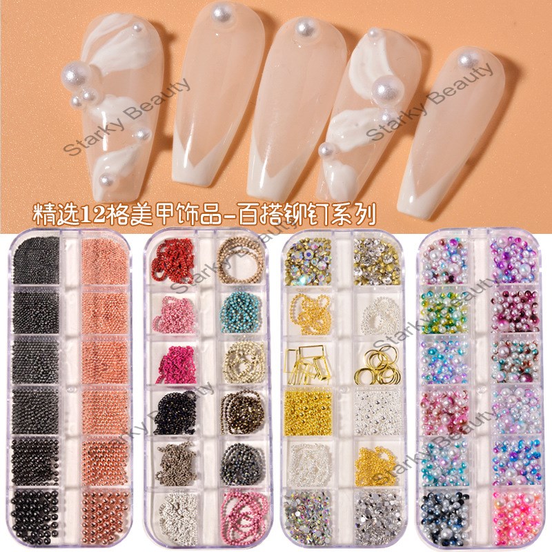 Nail Art Jewelry Rhinestone Mixed Rivet Pearl Small Accessories Nail Decoration Metal Chain Box Set