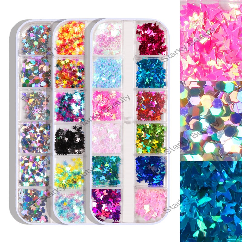 12 Strips Long Nail Sequins Butterfly Round Pentagram Geometric Sequins Jewelry