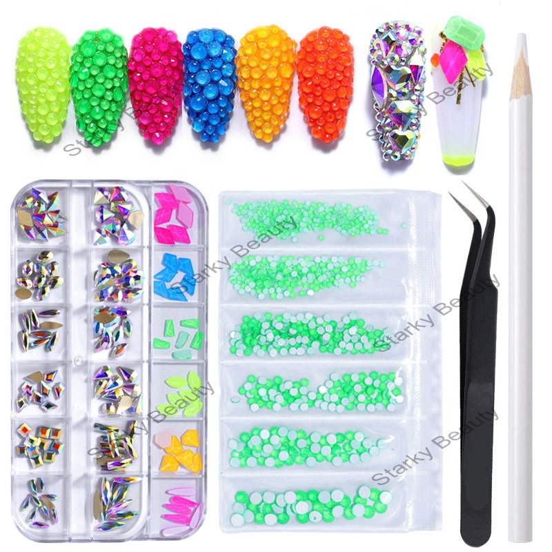 Mixed Flat back colors rhinestone diy nail set