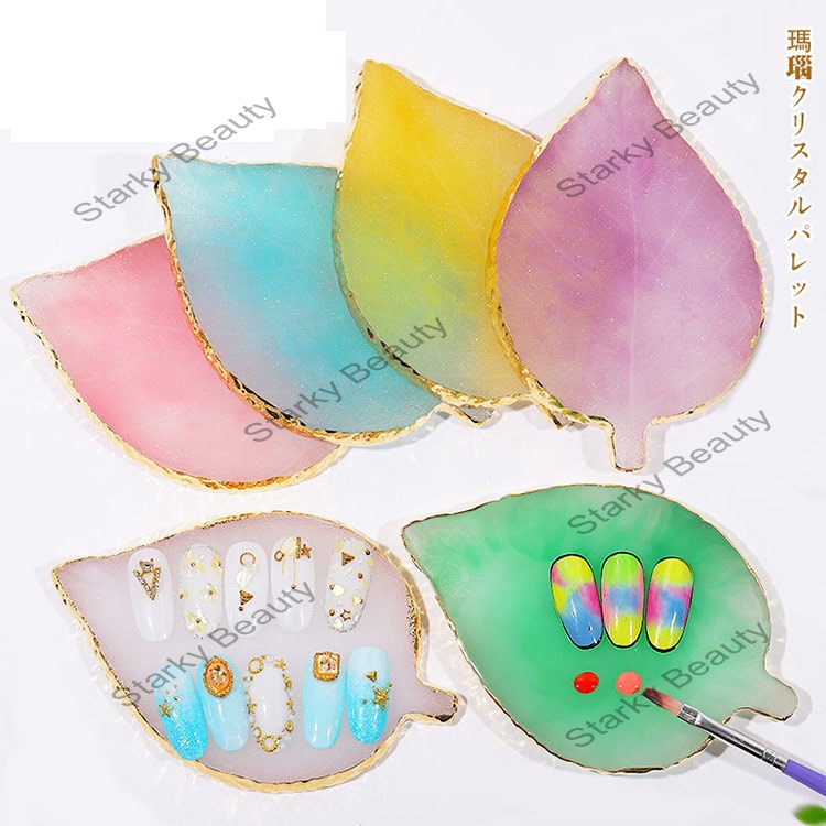 Leaf  Shape Gold Rim Natural Resin Nail Tips Shelf Paint Tray Display Showing