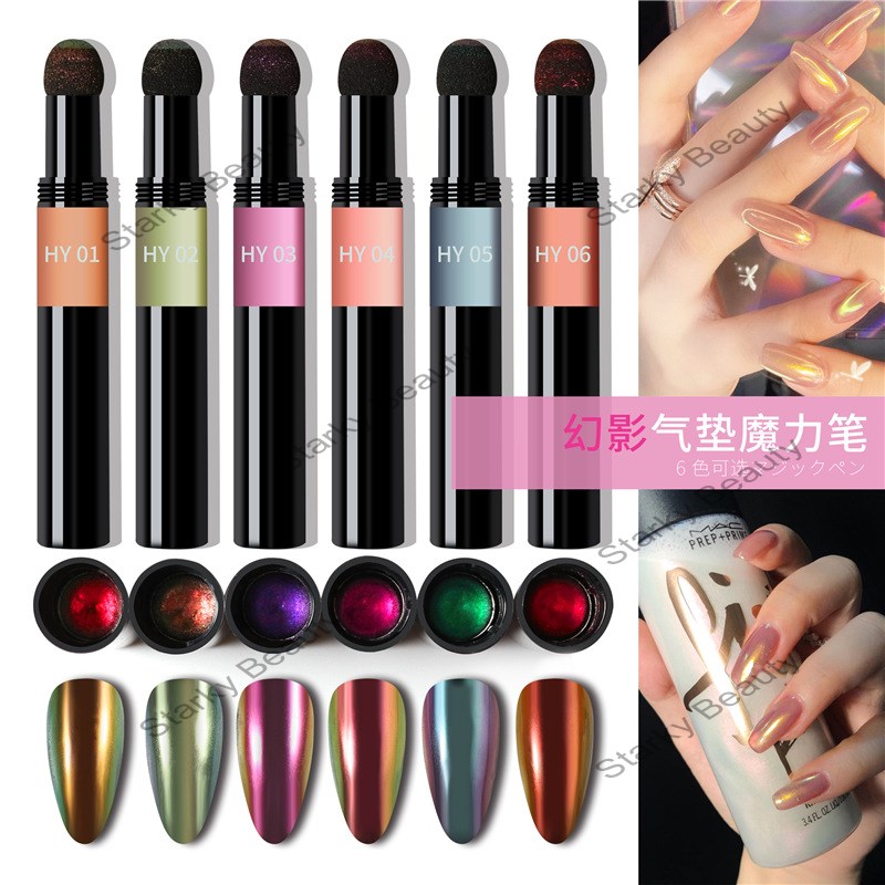 New Hot 6 Color Nail Air Cushion Powder Pen Magic Aurora Mirror Effect Nail Polish Gel Pencil