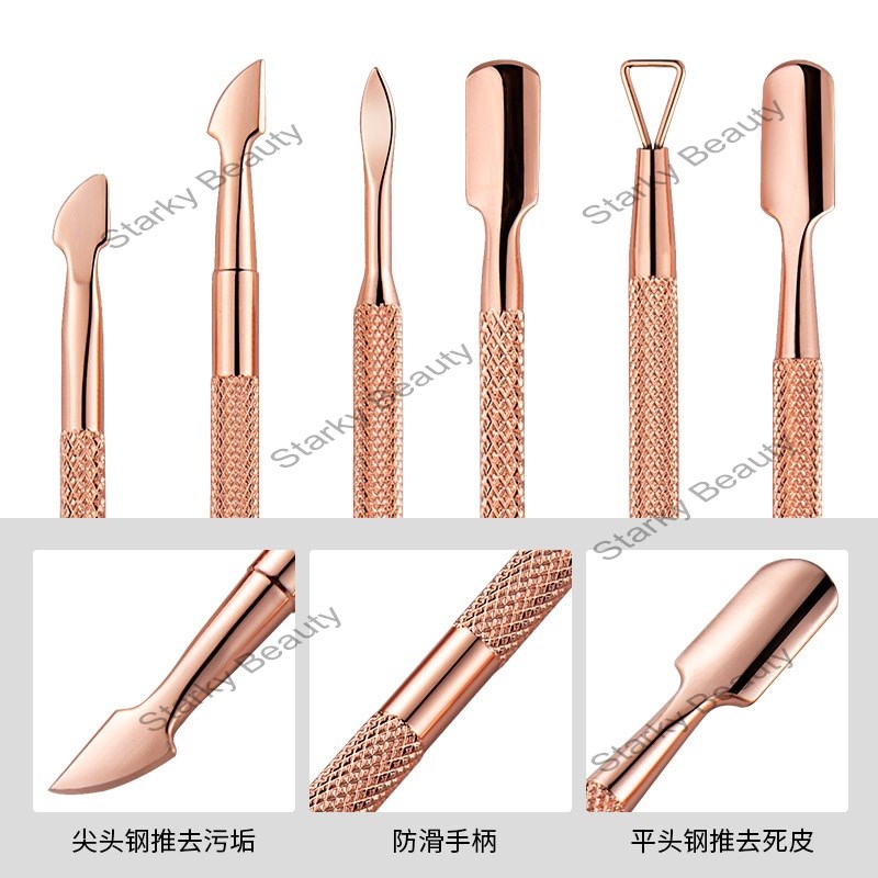 double head 3pcs nail tool rose gold stainless steel pusher set