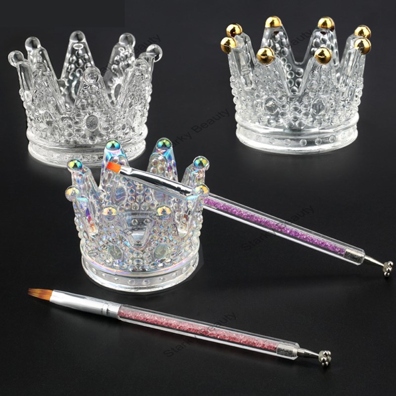 Nail Pen Holder Glass Crown Crystal Wash Cup