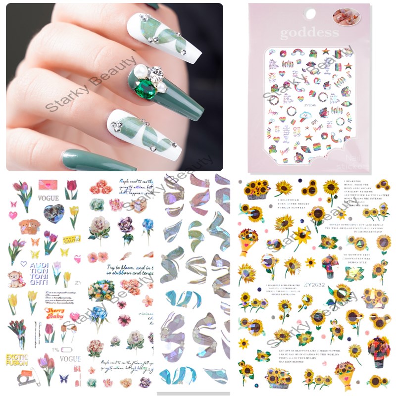 Summer Plant Geometry 3D Adhesive Nail Sticker Rainbow Laser Sun Flower Nail Sticker