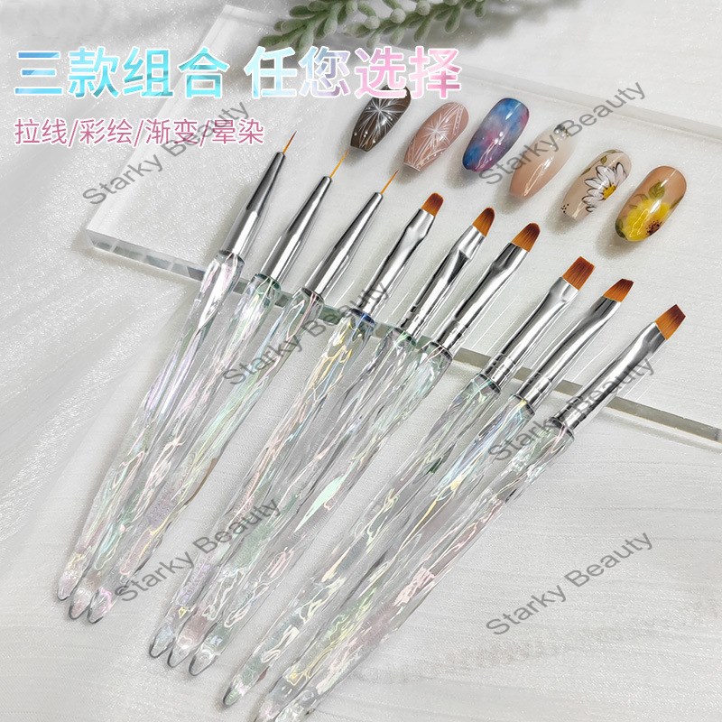 3pcs Aurora ice transparent Nail line drawing round head gel painting brush set