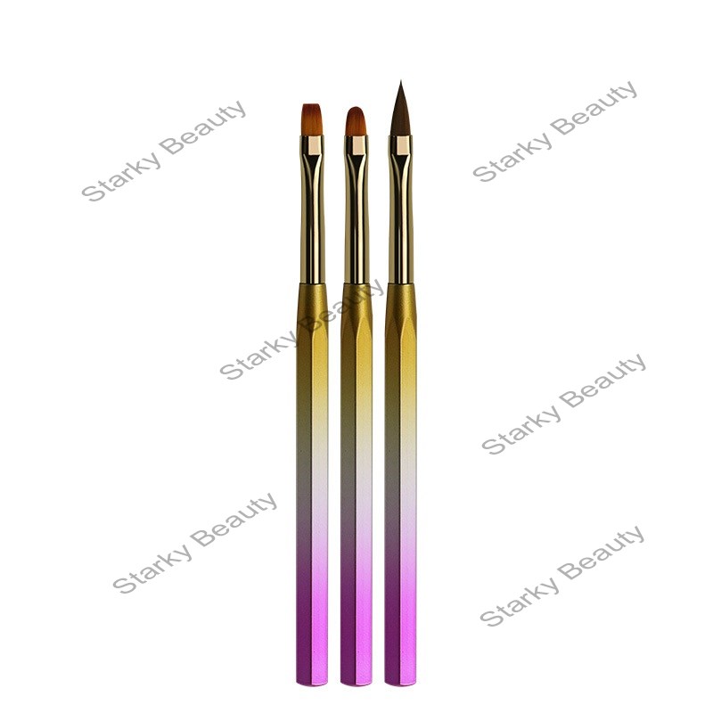 3pcs gradient colorful nail art round flat gel brush carved crystal pens