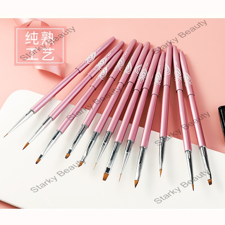 Metal Nail Brush Set 12 pcs Pink Color Painting Flower Gel Pen