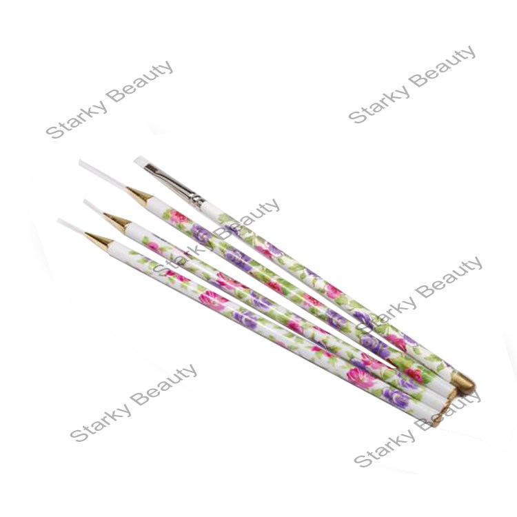 Nail Brush with white stem printing, 4-piece set, wire drawing pen set