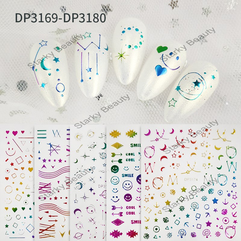 3D Stars and Moon Decoration Symphony Golden Colored Line Adhesive Nail Sticker