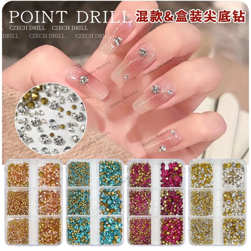 Manicure pile drill 6 box white pink pointed bottom drill glass rhinestone