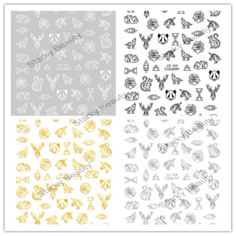 Gold and silver black and white 3D antique elements multi-line nail stickers