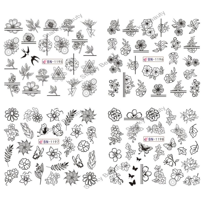 black and white color carved rose leaf animal water nail stickers