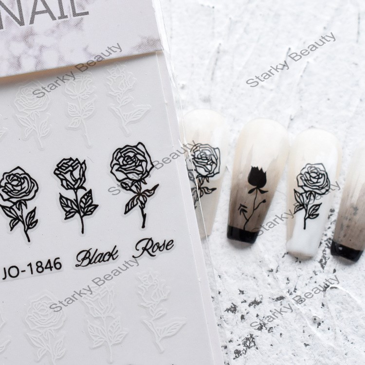 Black white 3d nail stickers dark dry rose decals nail stickers