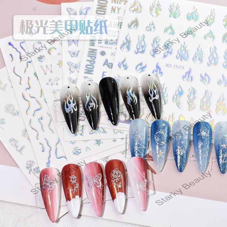 Aurora love sticker laser magic color liner flame with back glue nail sticker