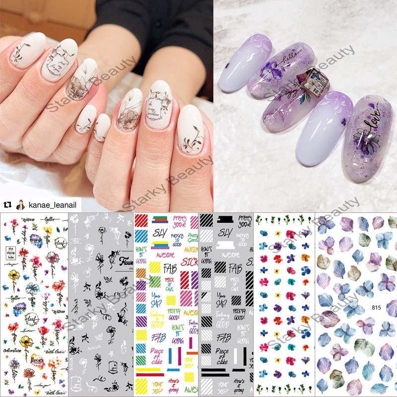 Fall Color Flower Decals Black and White Letters Gradient Print Nail Stickers