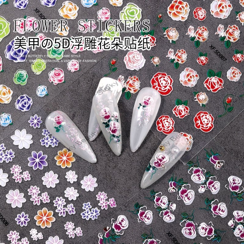 5D embossed nail flower stickers three-dimensional color nail stickers