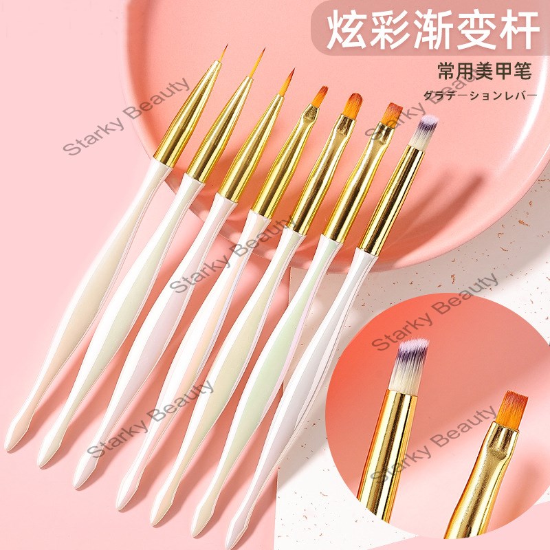 Pearl white nail flat head gel painting flower pen pull line carving brush set