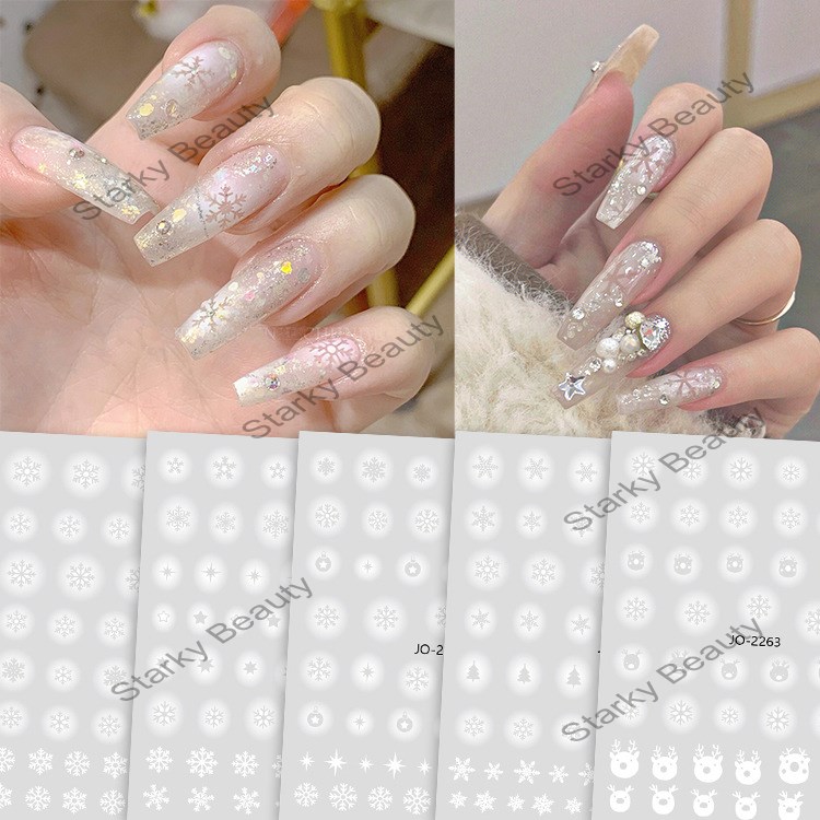 Nail enhancement Christmas sticker White gradual shade hollow snowflake 3d nail sticker