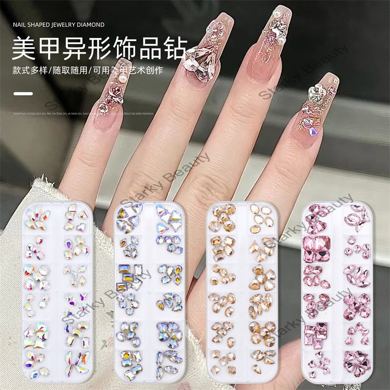 Nail shaped diamond jewelry with sharp background color white AB champagne gold mixed nail diamond