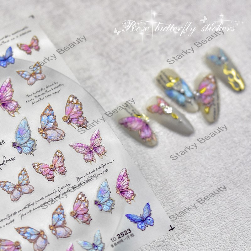 Nail enhancement sticker embossed hollow butterfly rose retro popular aurora laser decal