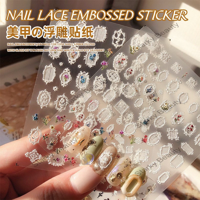 Embossed cute manicure sticker 5d hollow bride lace frame mirror frame retro