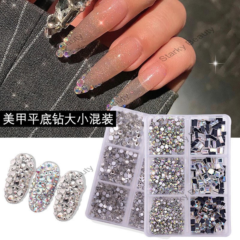 round flat-bottomed diamond mixed color AB silver-white 6-cell nail diamond