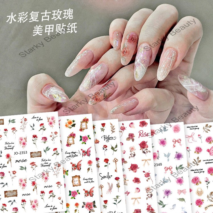 2023 new ultra-thin retro watercolor rose letter pattern nail sticker