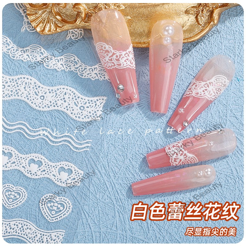 Embossed manicure sticker wholesale 5d white lace manicure sticker