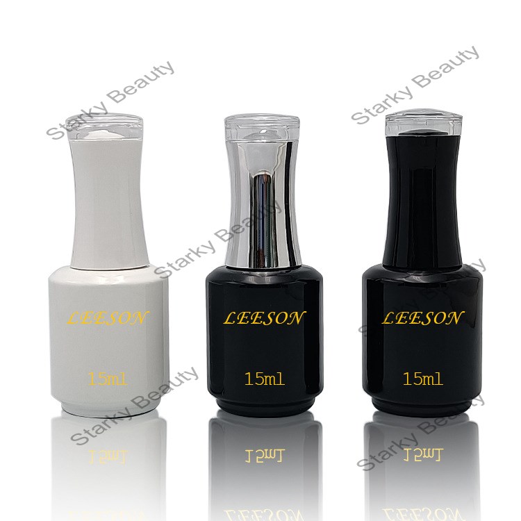 15ml round white black  nail polish adhesive empty glass bottle with top plate nail polish cap